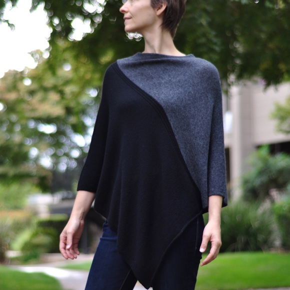Celeste Sweaters - Celeste Grey and Black Wool Cashmere Poncho